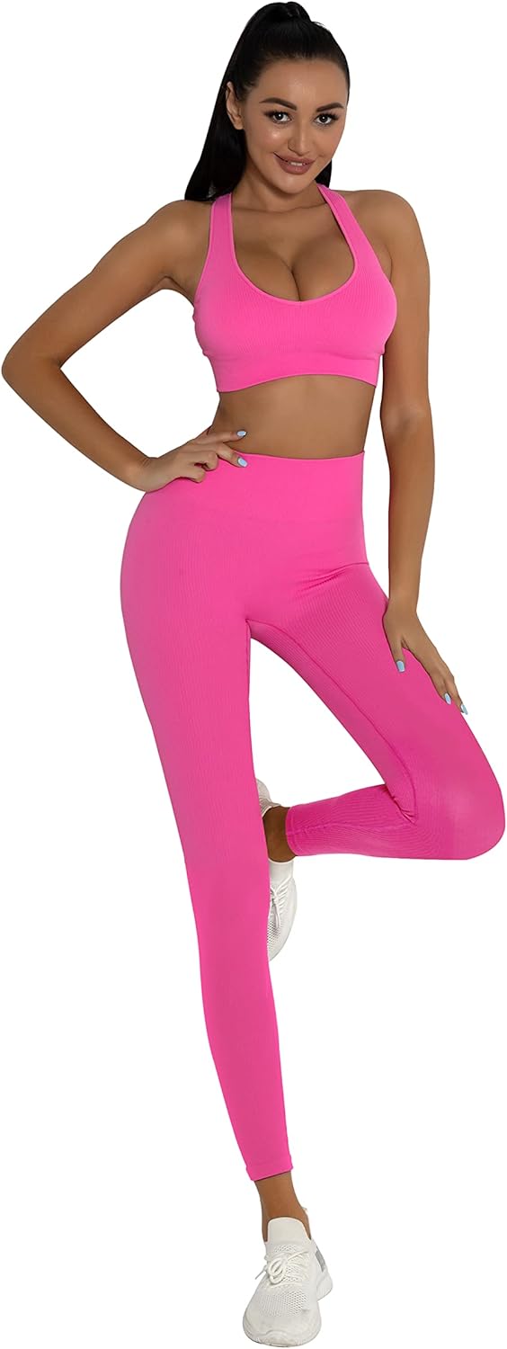 DADAB Workout Sets Two Piece Outfits for Women Clothes Gym Yoga Seamless Racerback Sports Bra Tank Tops with Biker Shorts