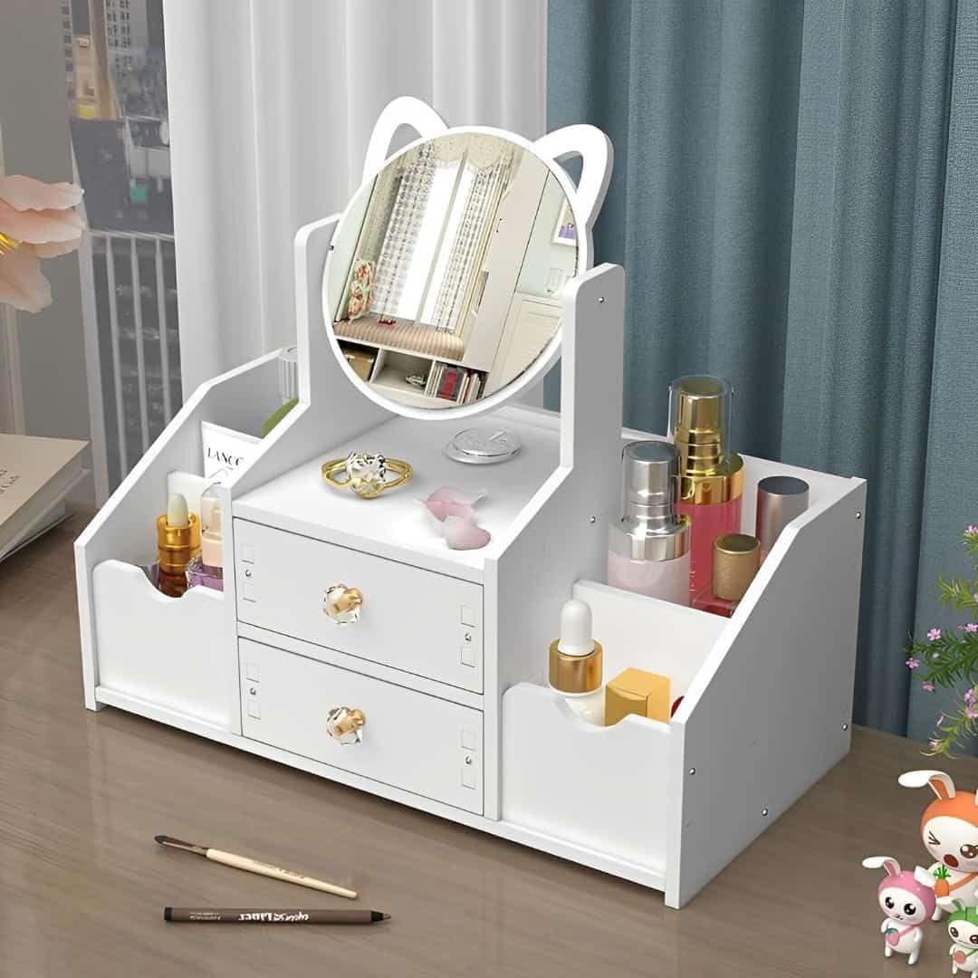 OANGO Glass White Desktop Makeup Mirror With Drawers, Large Capacity, Reasonable, Bedroom Dressing Table Vanity Mirror, Multi-Functional Cosmetic Storage Box, Rectangular, Tabletop Mount-image-36