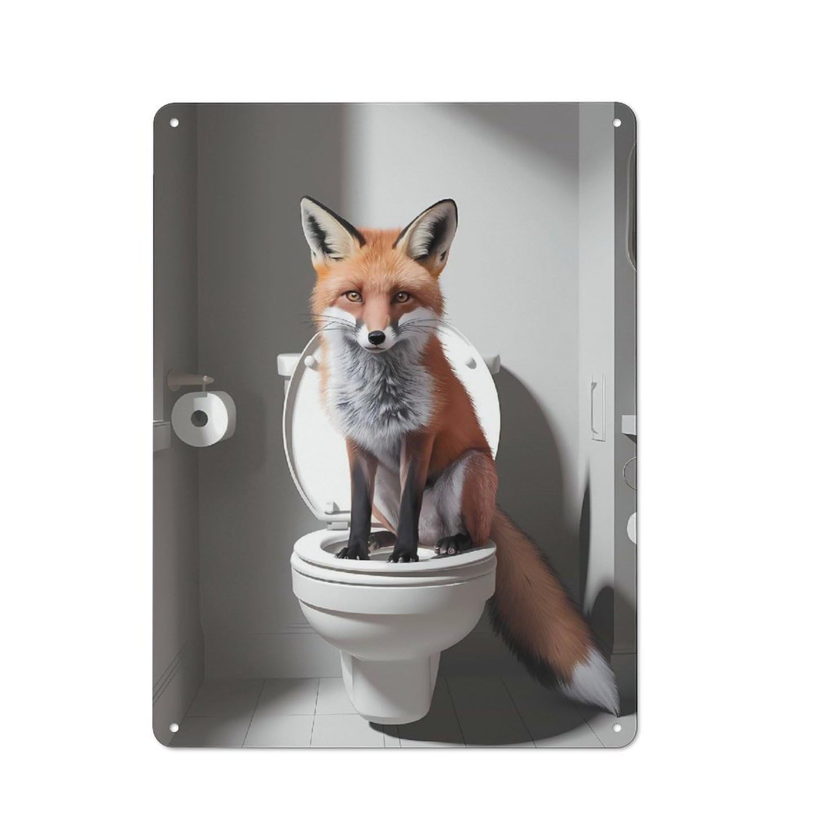 Realistic Toilet Fox Art Rustic Metal Wall Decor 40x30cm, Garden Room Metal Sign for Patio Bar, Workshop, Shed Or Kitchen
