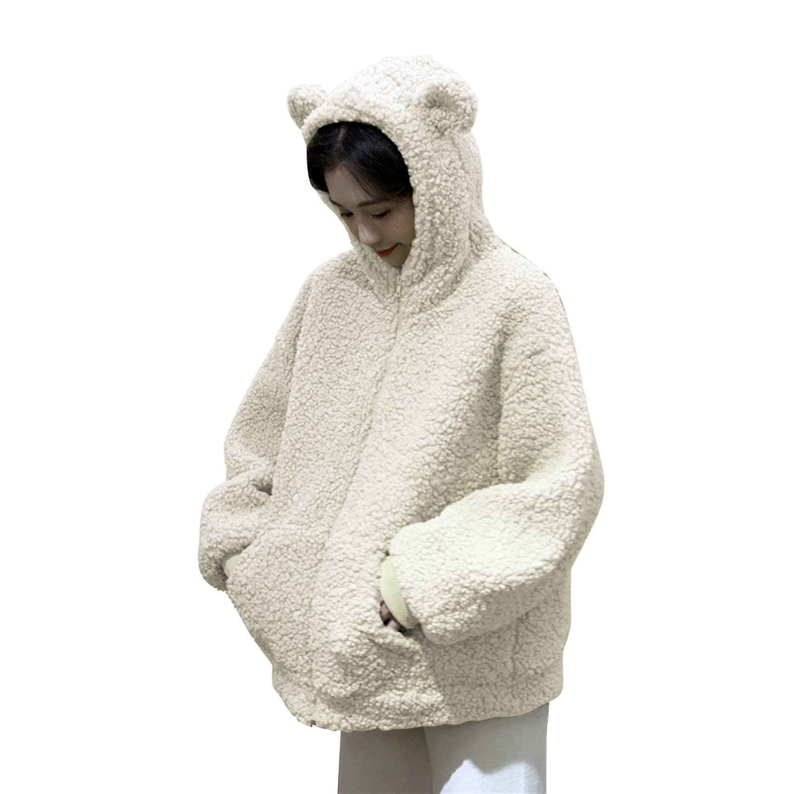 Sudaderas con capucha para mujer con diseño de gato y orejas de conejo, mullidas, talla grande, manga larga, cremallera completa, forro de lana, con orejas y bolsillos, peludas