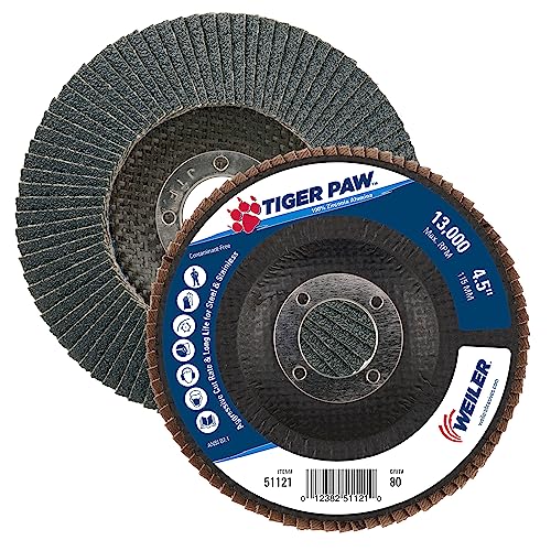 Image of Weiler 51121 4-1 /2 inch Tiger Paw Abrasive Flap Disc, Angled (Ty29), Phenolic Backing, 80Z, 7 /8 inch Arbor Hole (Pack of 10)