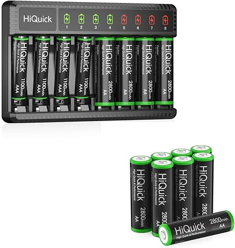 HiQuick Cargador de batería inteligente de 8 bahías con batería 4AA y 4AAA + 8 pilas recargables AA