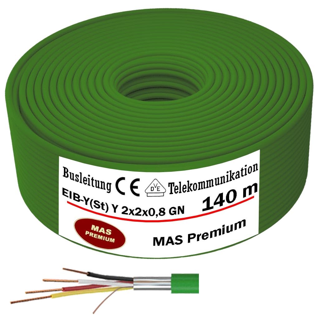 MAS Premium KNX Kabel 5-250m EIB-Y(St) Y 2x2x0,8 GN Busleitung Telekommunikationskabel Busleitungen Installationsbusleitung Bussignale in der Gebäude-Systemtechnik (140m)