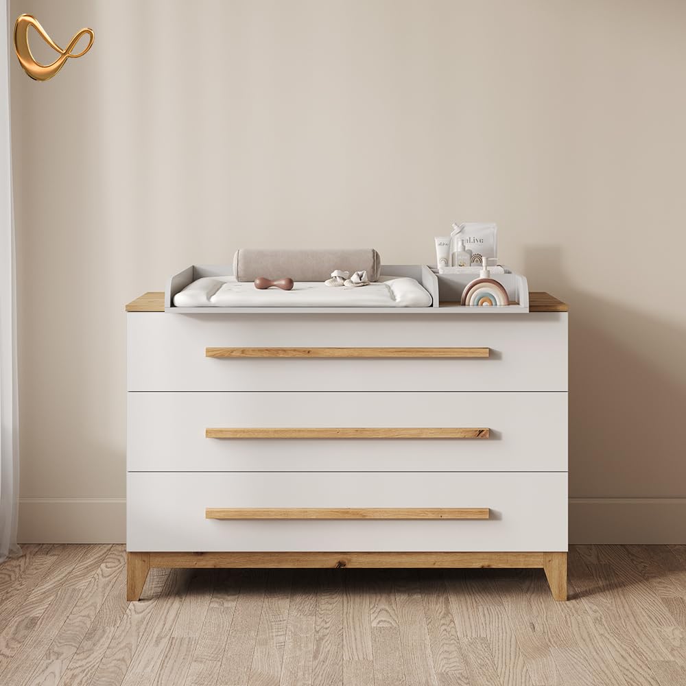 Livinity Wickelkommode Mailo, Weiß/Artisan, XL mit 3 Schubladenfür stilvolle Aufbewahrung mit viel Platz