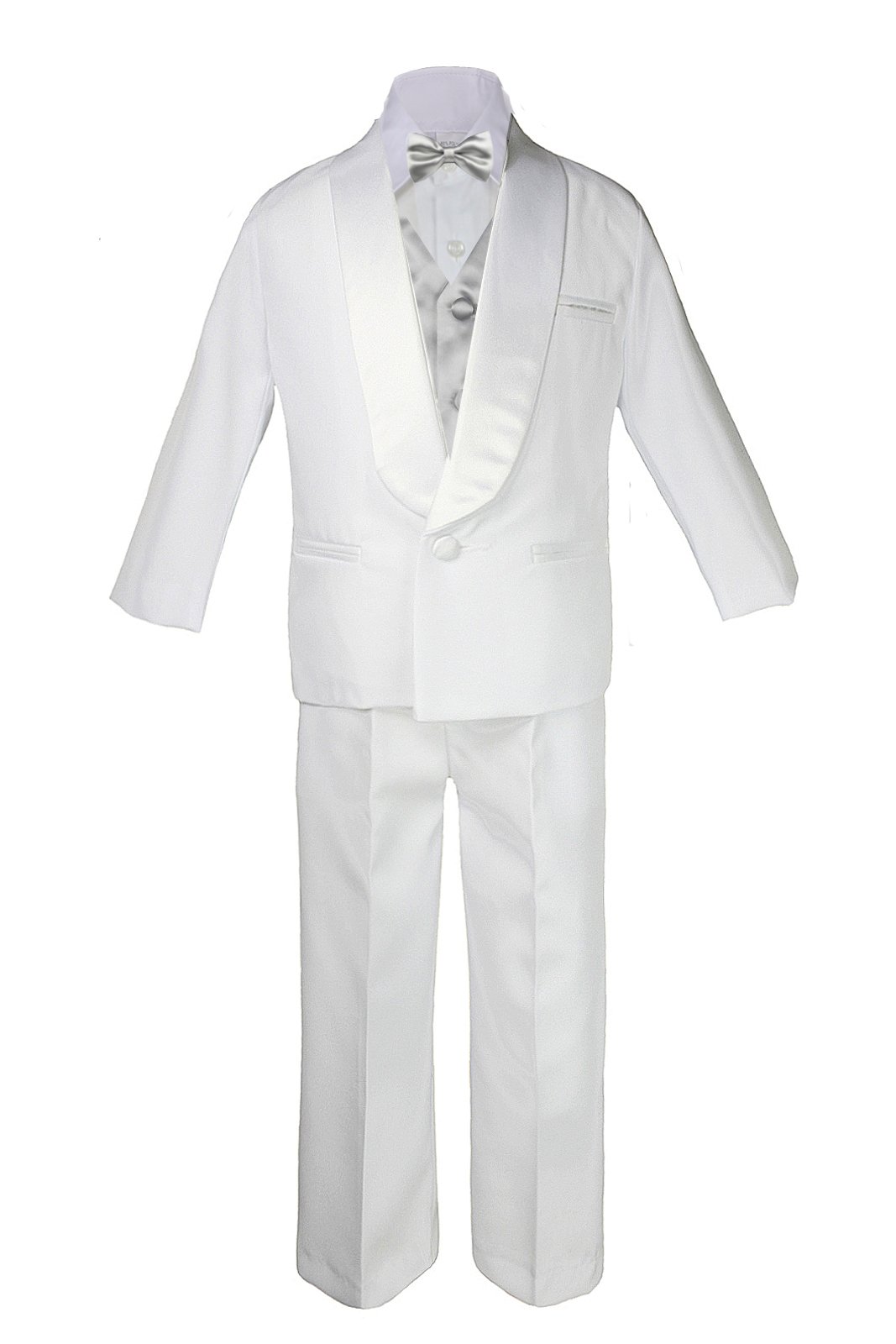5-7pc Boy White Satin Shawl Lapel Suits Tuxedo Silver Satin Bow tie Sm-7