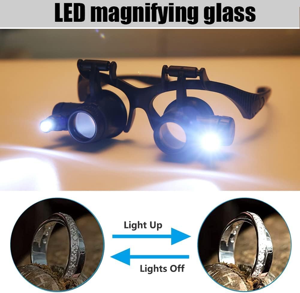Okulary Powiększające Z Pałąkiem Na Głowę I Oświetleniem Led, Bezdotykowe Mocowanie Na Głowie Z Odłączanymi Soczewkami 2,5x 4x 6x 8x 10x 15x Do Zegarków, Napraw Elektronicznych, Czytania, S