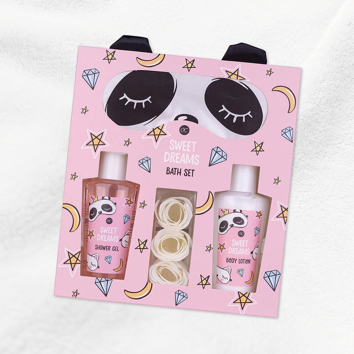Set de regalo para mujer Sweet Dreams de Accentra - Antifaz de panda, gel de ducha, loción corporal y confeti de baño de rosas