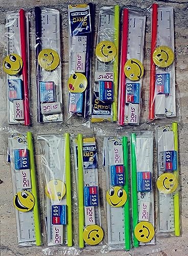 Image of School Boy and Girls Kids Return Gift Pencil, Scale, Eraser, Sharpener & Smiley Batch Stationary Set (Pack of 12)