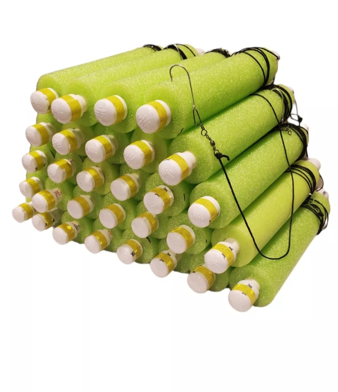 Rhodes Fishing Jugs 30 Pack - 7ft Nylon line - Catfish Noodle Jugs - Hooks for Catfish, Bass, Lake Fish - Made in The USA - Ready to Go - Kayaking - Green, Blue, Red (Green)