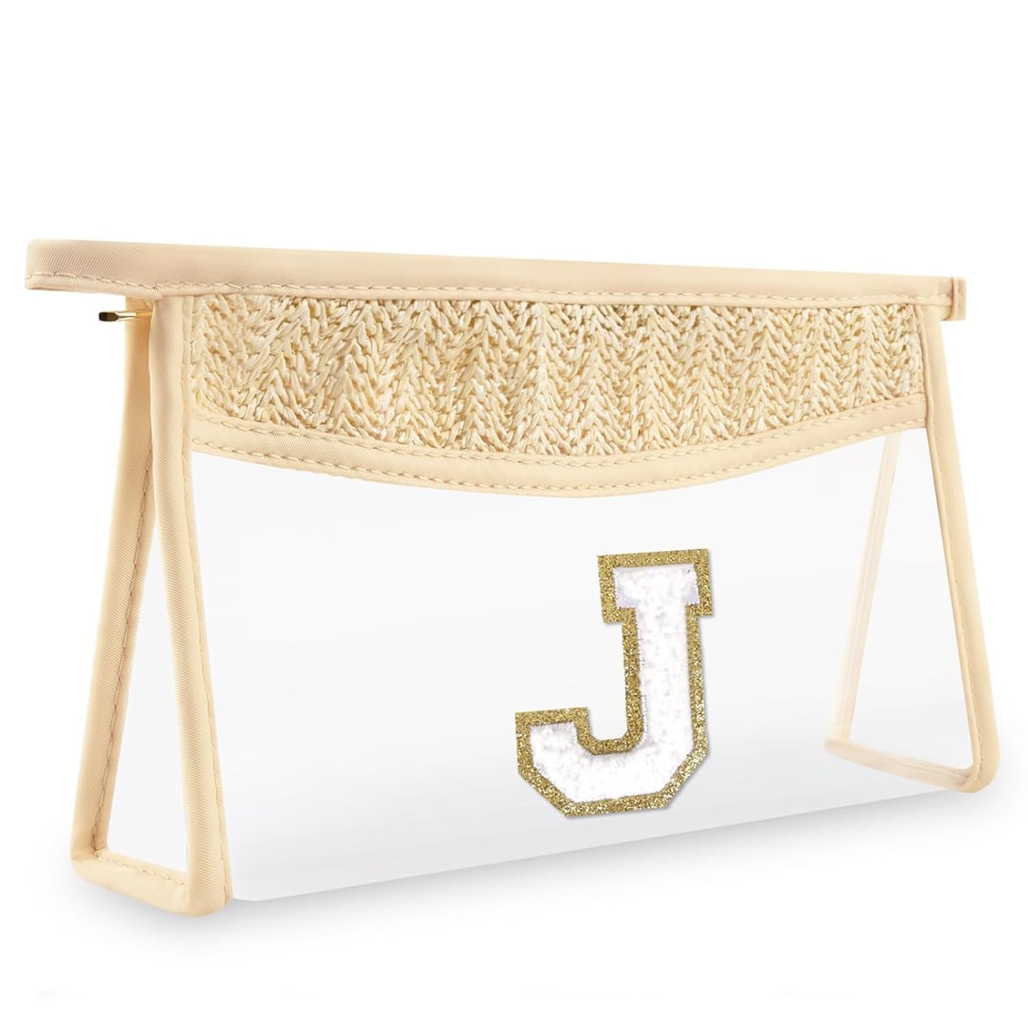 Boho Straw Clear Makeup Bag, Personalized Initial Letter Bag, Small Cute Chenille Varsity Letter Bag With Zipper, Beach Travel Toiletry Bag, Portable Monogrammed Cosmetic Bag for Women Girls, J