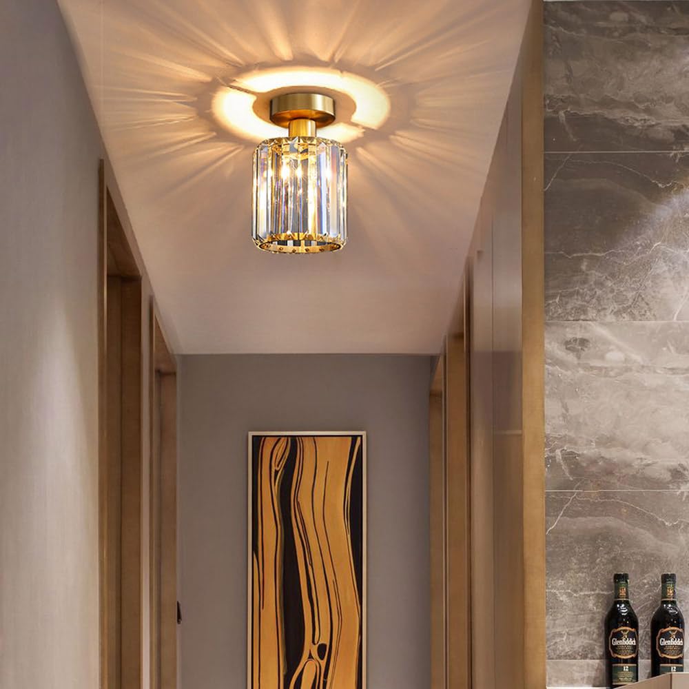 Mini kryształowa oprawa sufitowa, mosiężne lampy sufitowe do montażu półpodtynkowego, gniazdo E27 Nowoczesna złota lampa sufitowa do przedpokoju Kuchnia Sypialnia Salon Przedpokój Szafa Foyer