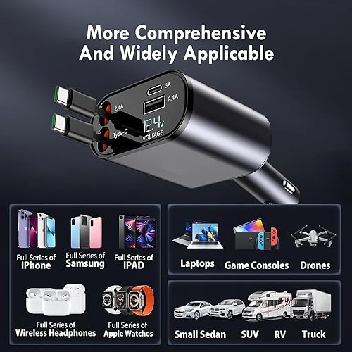 Miniatura 4 de Cargador de coche para iPhone 15 de carga rápida, 120 W 4 en 1, adaptador de cargador rápido para iPhone con cable USB C a C retráctil y 2 puertos