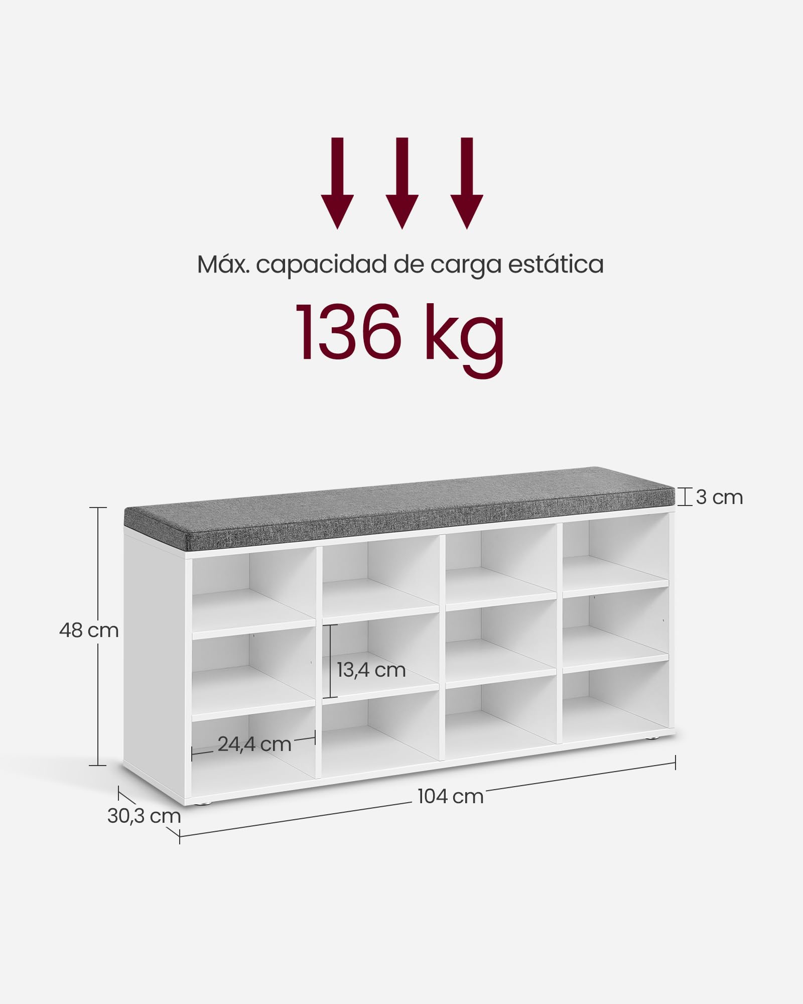 VASAGLE Banco Zapatero, Mueble Zapatero, Banco Recibidor con 12 Compartimentos y Asiento Acolchado, 30,3 x 104 x 48 cm, Entrada, Dormitorio, Sala de Estar, Blanco y Gris LHS012W14