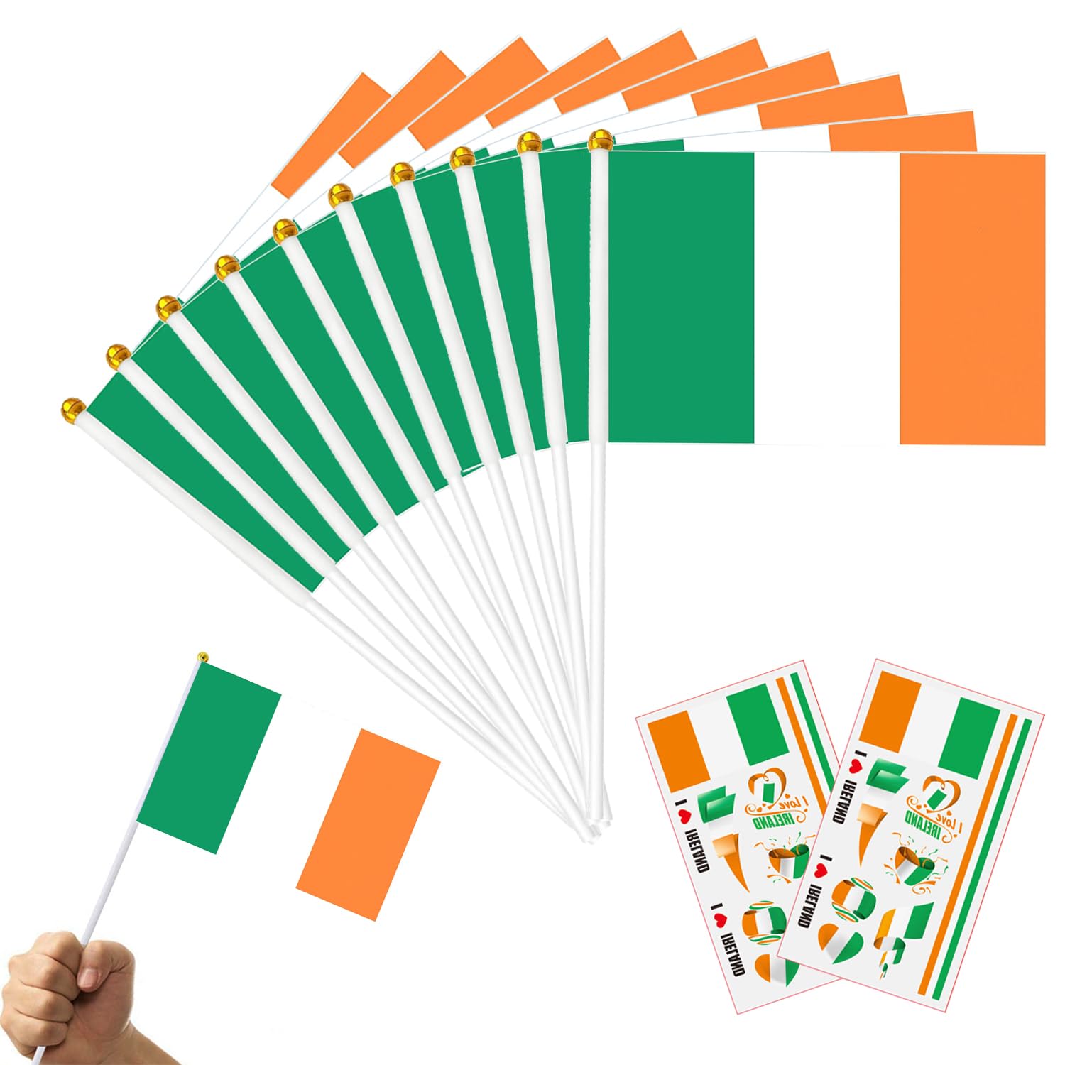 50PCS Irish Hand Flags - Ireland Handheld Flag with Pole Small Hand Waving Bunting for St. Patrick's Day Six Nations Rugby Decorations Sport Events National Day Outdoor Street Party Decoration — image 1