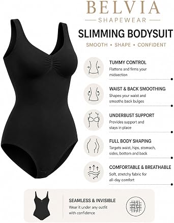 Belvia Shapewear Women Full Body Shaper Tummy Control Bodysuit Black Medium