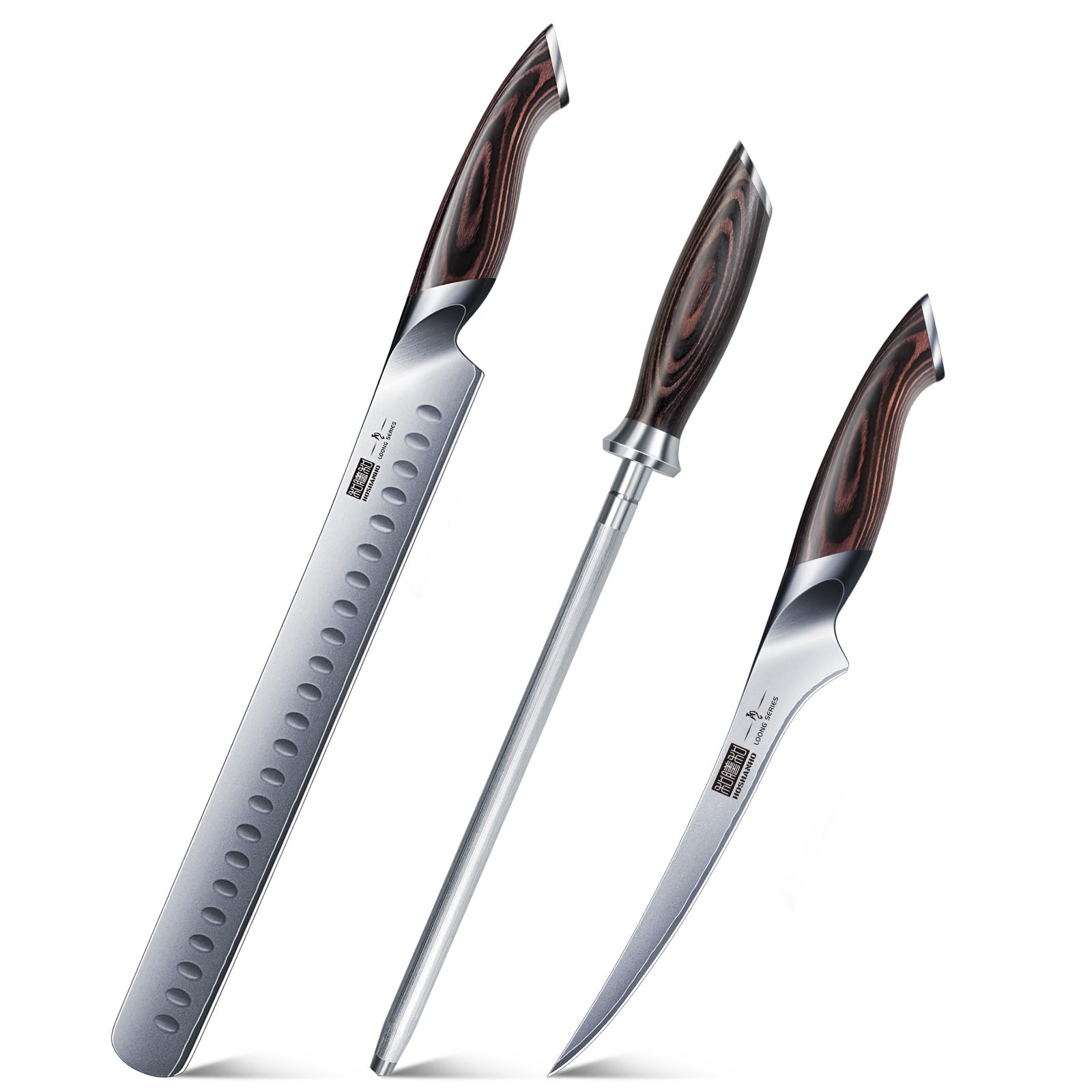 HOSHANHO BBQ Carving Knife Set & Honing Rod,10 Inch Professional Kitchen Knife Sharpener…