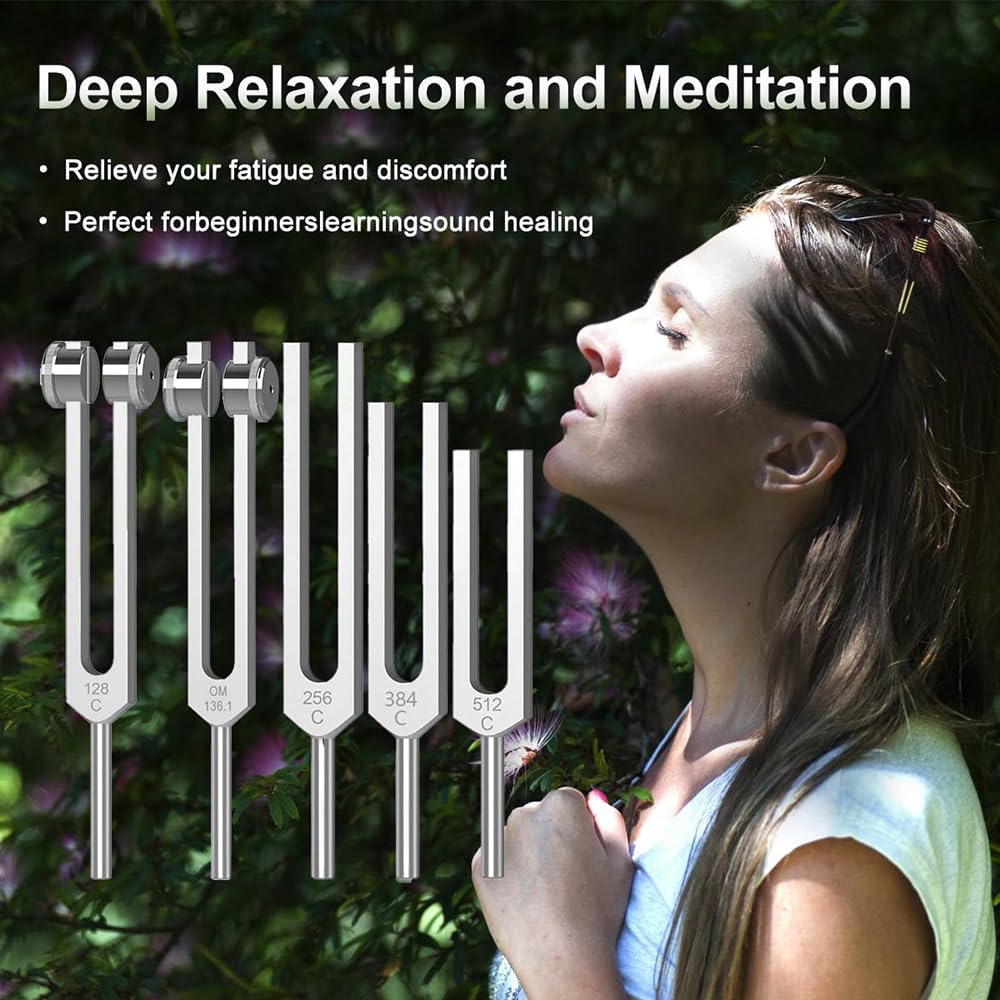 Diapason 128Hz Thérapeutique Jeu de 5 Diapasons 128HZ 136.1HZ 256HZ 384 Hz 512 Hz pour Thérapie Chakras Son Soulagement Stress
