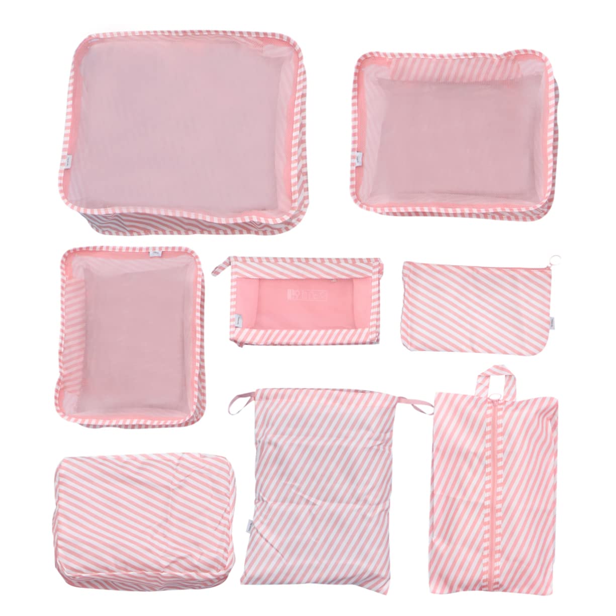 8 Stück Koffer Packbeutel aus Stoff für Reisen und Gepäck | Wasserfest, Waschbar und Mehrzweckig, 8stücke, Rosa Gestreift, Praktisch zum Packen im Koffer