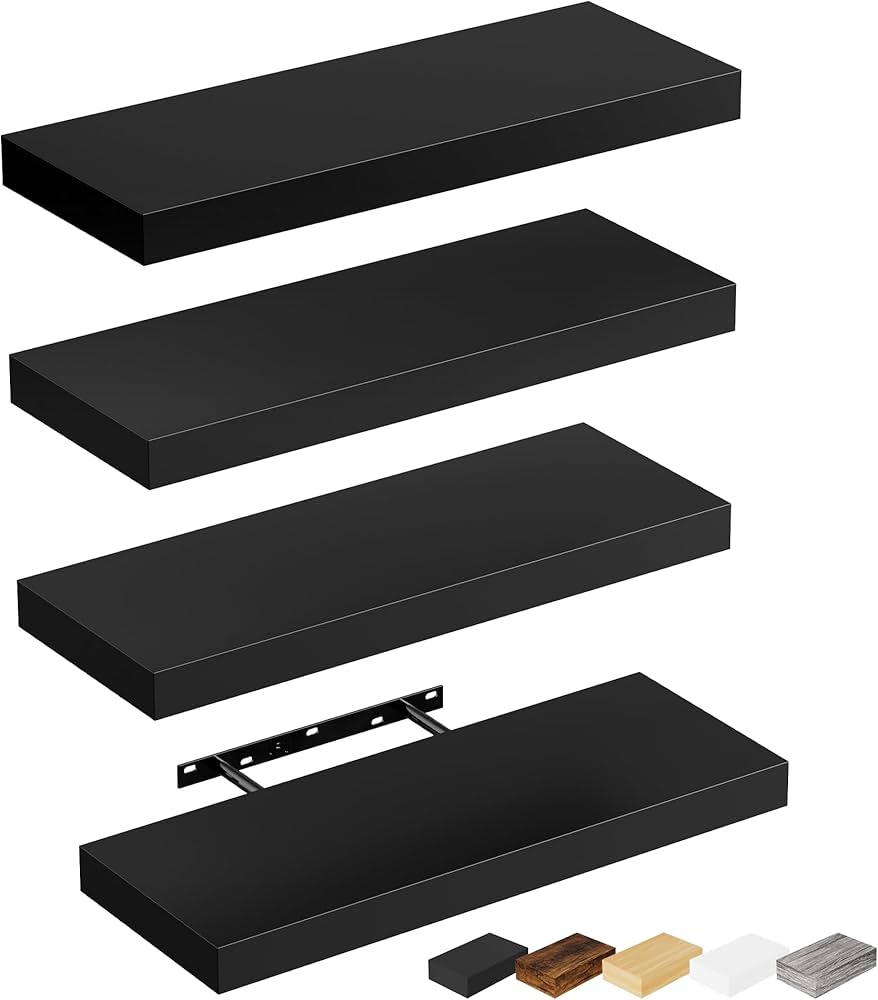 Bellsal Floating Shelves for Wall, Black Engineered Wood Wall Shelf Set of 4, 16" Walls Mounted Floating Shelf for Kitchen, Living Room, Bedroom, Bathroom Storage, Book Shelf for Home Decor