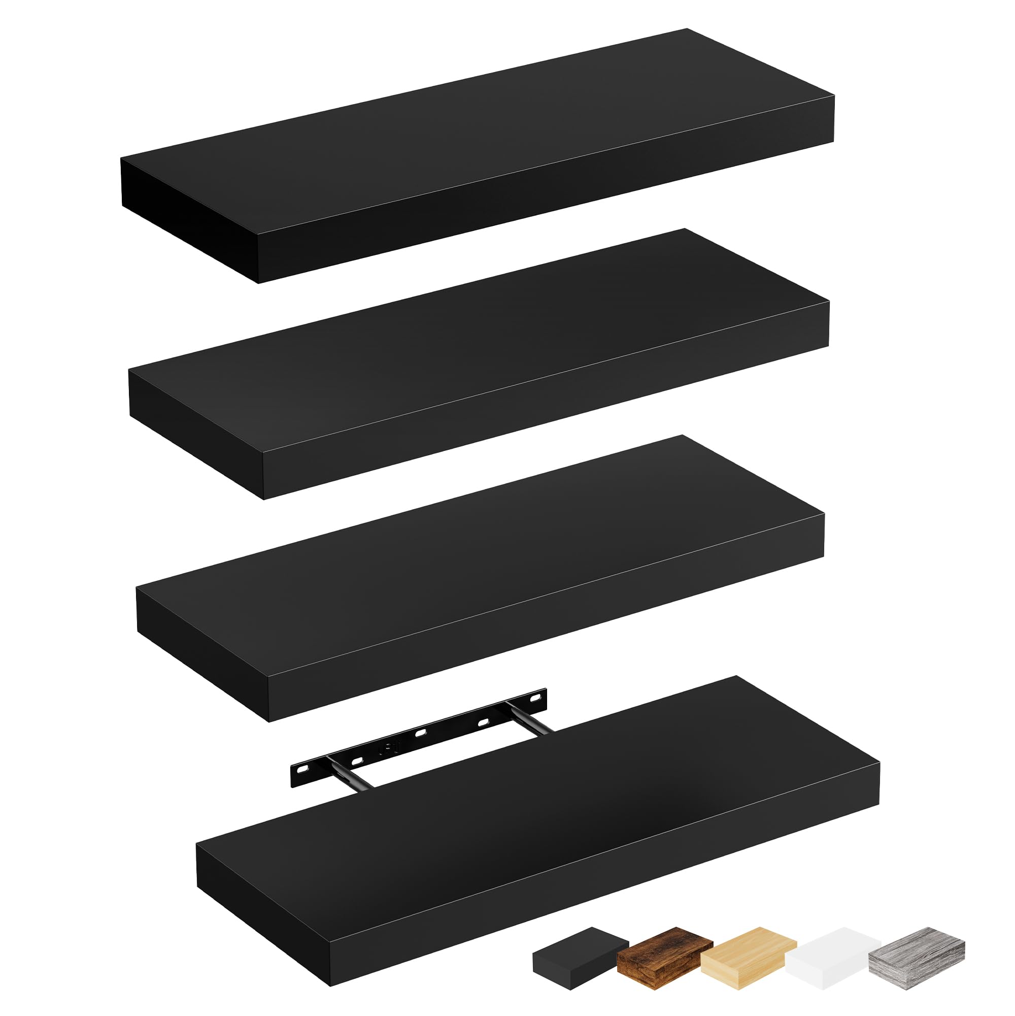 Bellsal Floating Shelves for Wall, Black Engineered Wood Wall Shelf Set of 4, 16" Walls Mounted Floating Shelf for Kitchen, Living Room, Bedroom,