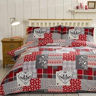Alpine Patchwork 100% Brushed Cotton Flannelette Heart Quilt Duvet Cover and 2 Pillowcase Bedding Bed Set, Red/Multi-Colour, King