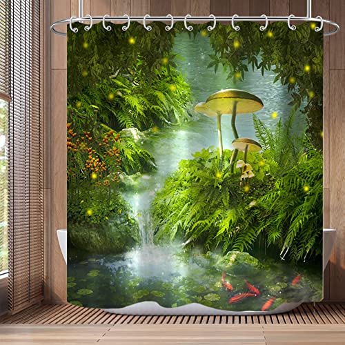 Bovlleetd River Shower Curtain Natural Scenery Green Plants Lotus Leaf Stone Big Mushroom Shower Curtains Waterproof Bathroom Partition Decorative Curtain Beautiful Art Curtain 72x74inch - Image 2