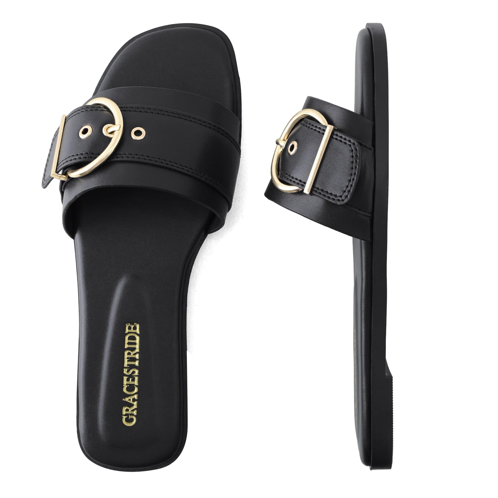 GRACESTRIDE Flat Sandals for Women Fashion Square Open Toe Slip On Slides Sandals Summer