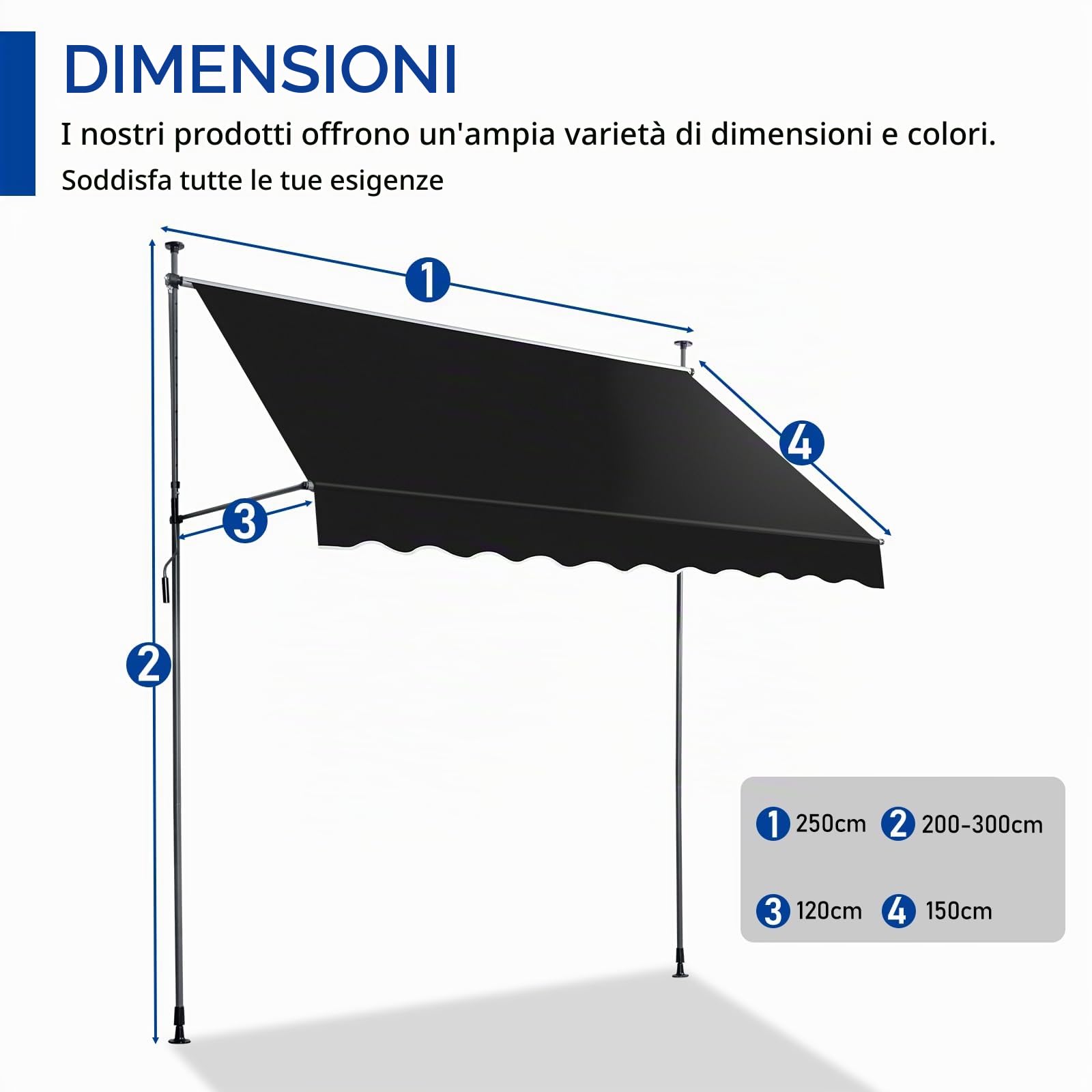 LEADZM Tenda da sole a morsetto, larghezza 250 cm, senza foratura, impermeabile, resistente ai raggi UV, regolabile in altezza con manovella, per terrazza, balcone, giardino, negozio, nero