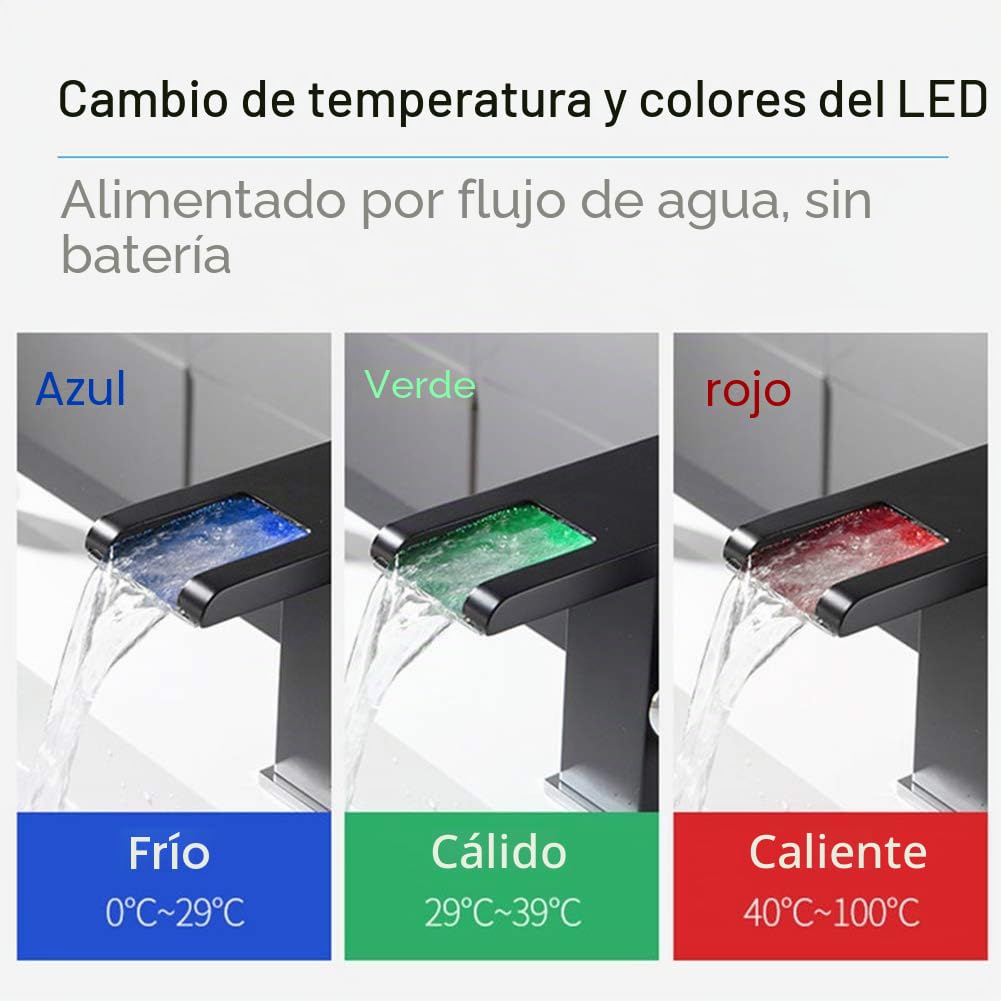 Grifo De Baño Cascada Grifo De Lavabo Led, Caño Alto, Grifo Mezclador Agua Fría Y Caliente, Elegante Monomando Latón Grifos Fregadero, Con Válvula De Cerámica, Estilo Moderno, Negro