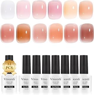 Vnicesli Icy Jelly Gel Nail Polish Set, 12 Colors Nude Gel Polish Kit Transparent Milky White Sheer Light Pink Nude Nail Polish Soak Off Translucent Nail Polish French Manicure Nail Varnish Home Salon