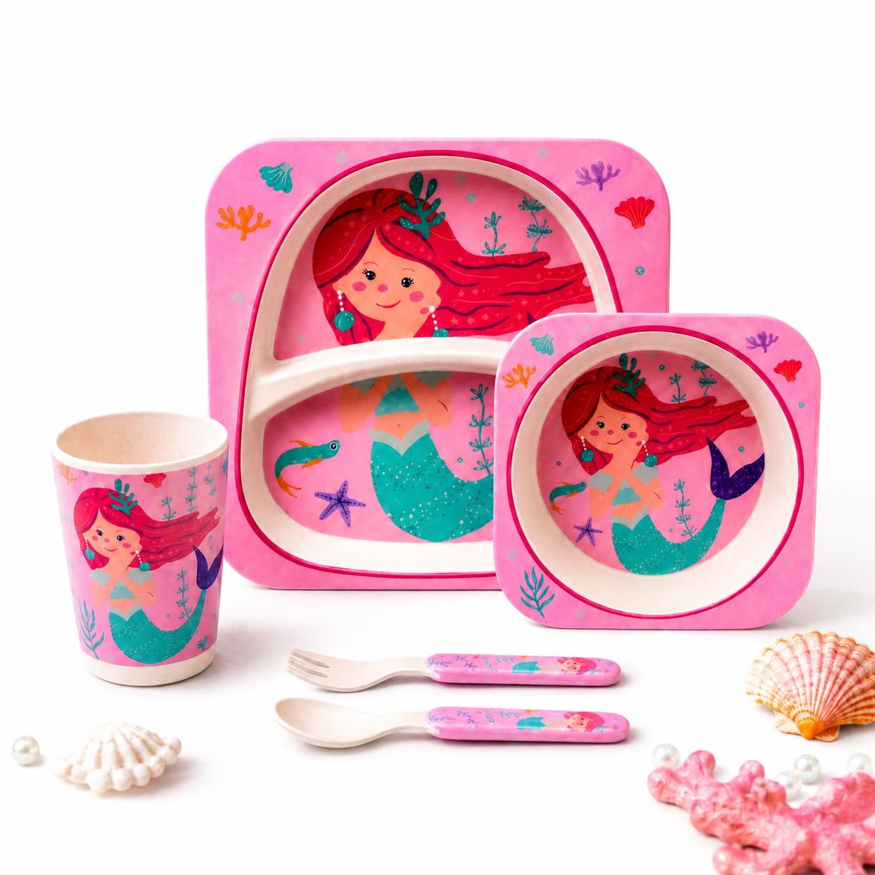 Premium Bamboo Kids Dinner Set – 5 Piece Baby Feeding Set | BPA Free, Eco Friendly, Organic, Break Resistant Tableware for Baby & Toddler with Plate, Bowl, Cup, Spoon & Fork (Mermaid)-image-38
