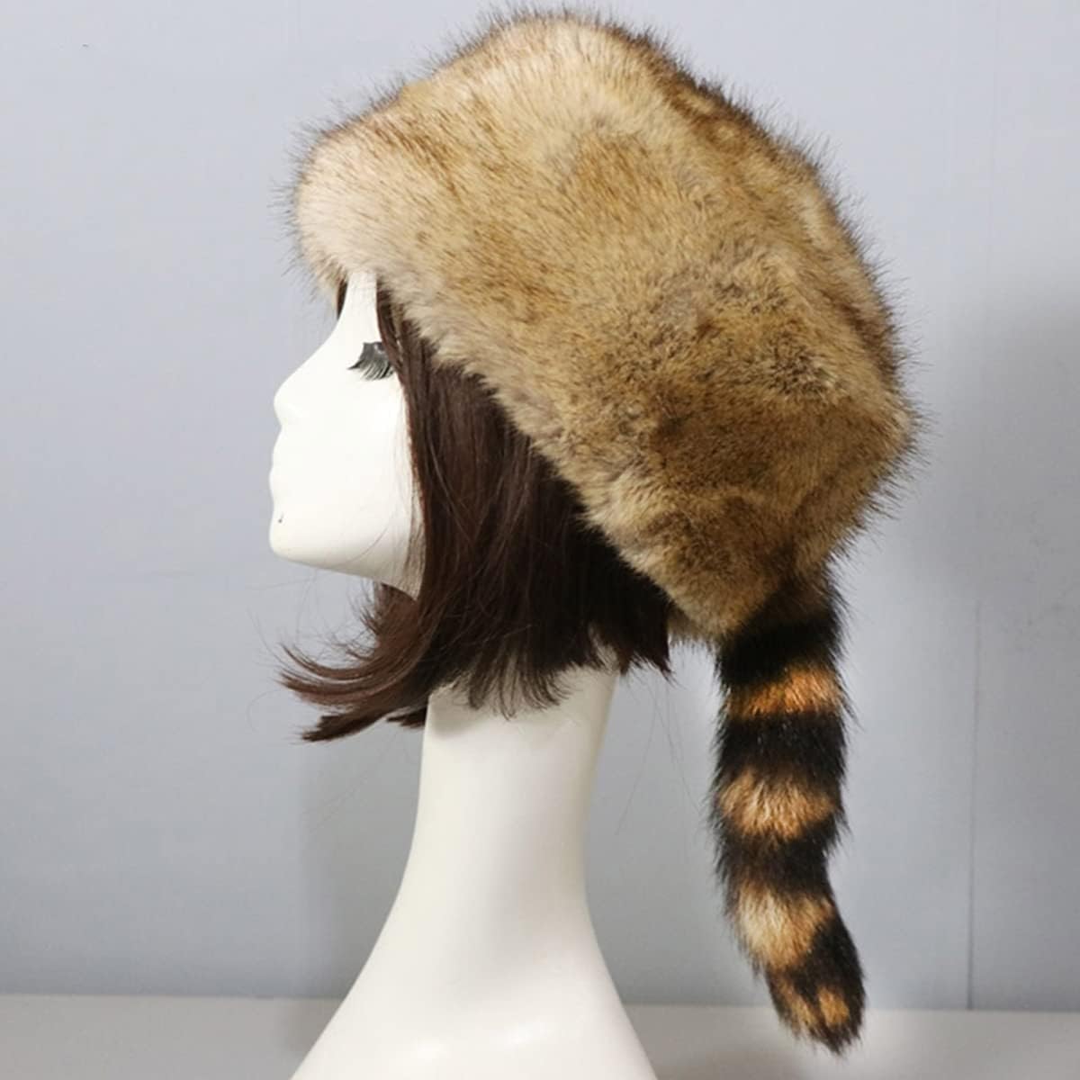 Faux Fur Raccoon Tail Hat for Women Men, Faux Coonskin Cap with Tail Flat Top Winter Hat - Image 7
