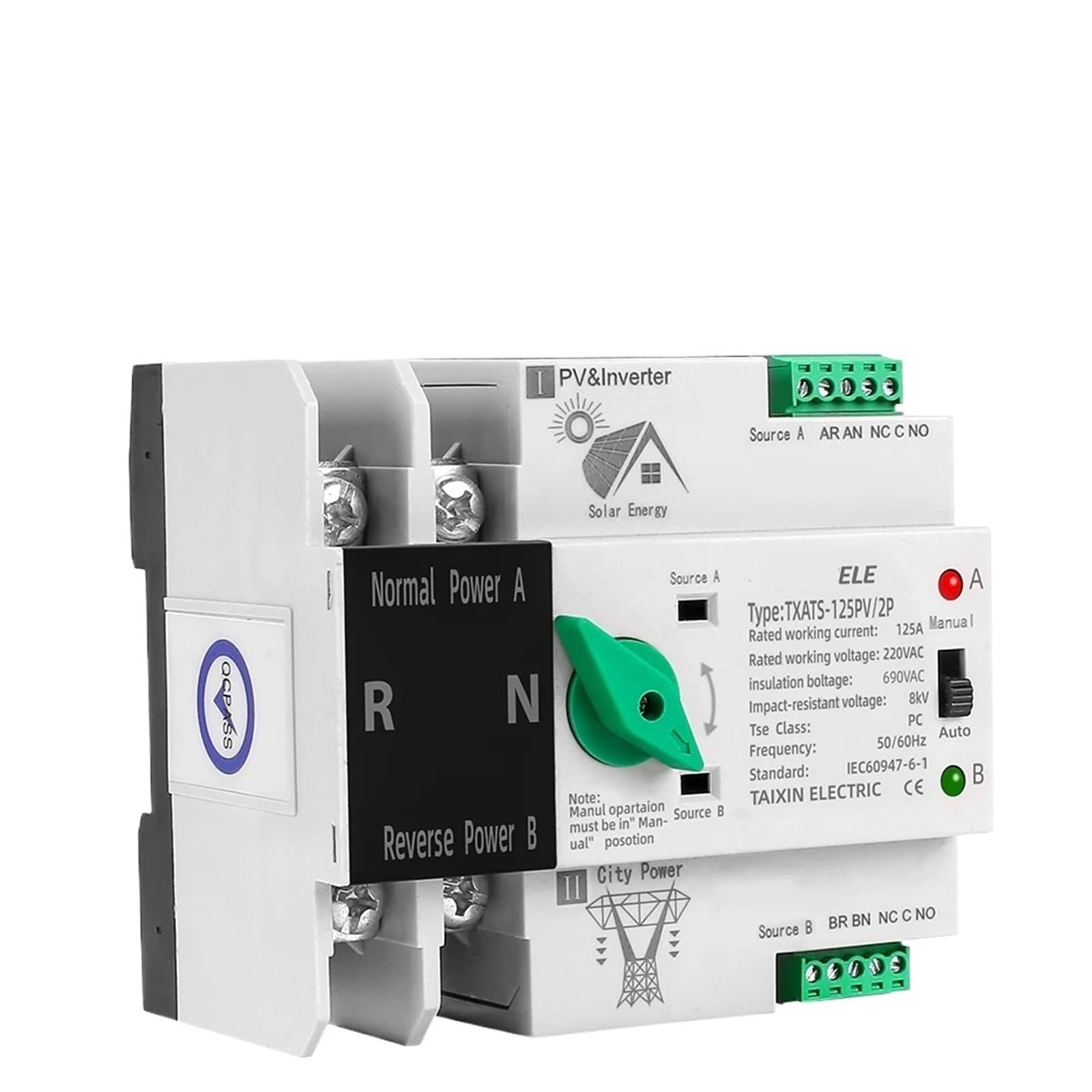 2P 3P 4P szyna DIN ATS PV inwerter Dual Power, automatyczny przełącznik wyboru, nieprzerwany, 63 A, 100 A, 125 A, fotowoltaiczny, solarny