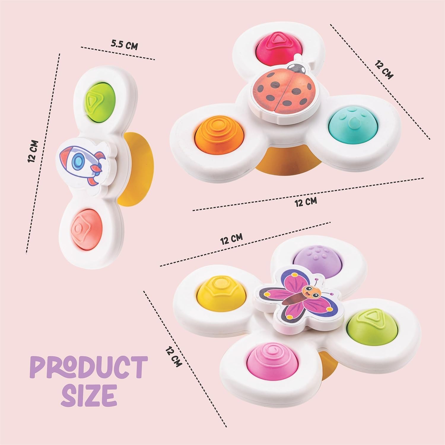 PB Prime Brands Strong Suction Cup Fidget Rotating Sensory Bath Toys for Baby 6 12 18 Months Airplane Car Travel Table & Window Toys for 1 2 Years Old Toddler Boys and Girls (Sun Spinner Popit) 2
