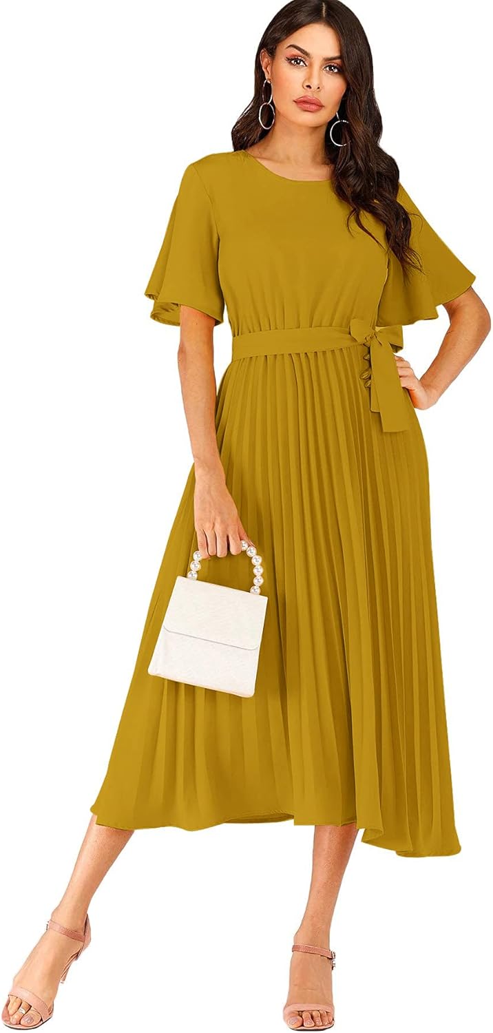 Milumia Women's Elegant Belted Pleated Flounce Sleeve Long Dress - Image 3