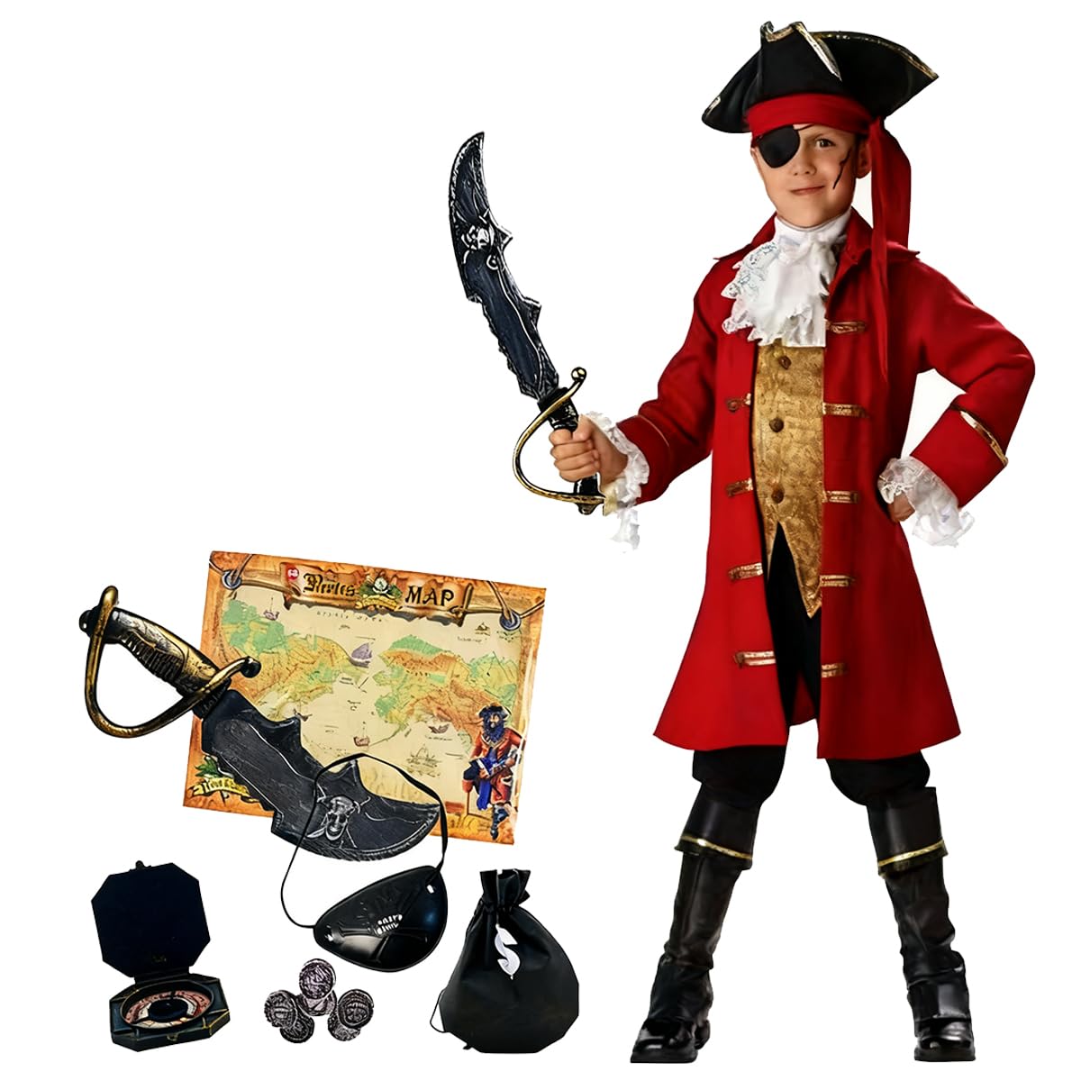 Belle & Moana Costume da pirata per bambini, Costumi Halloween Pirata Capitan con Accessori per Carnevale Halloween Cosplay Festa di Compleanno 3-10 anni