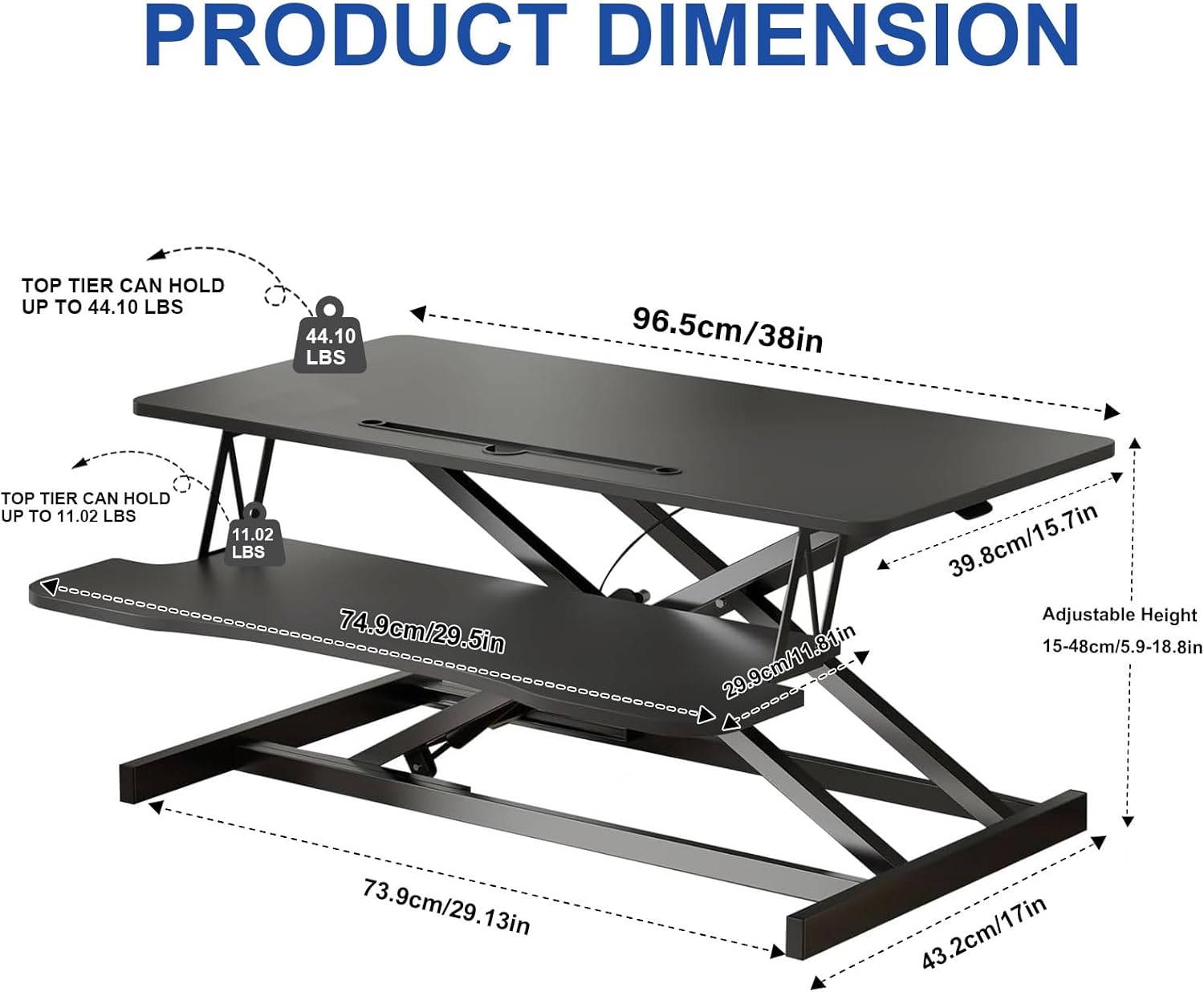 38-Inch Height Adjustable Standing Desk Converter, Duals Monitor & Laptop Riser with Wide Keyboard Tray, Sit to Stand Ergonomic Workstation for Home Office, School, Business, Black