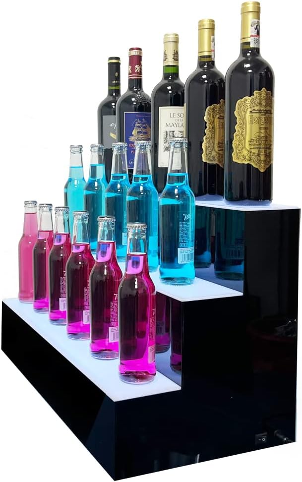 24 Inch 3 Step LED Lighted Liquor Bottle Display Illuminated Liquor Bottle Bar Display Stand LED Display Shelf 3 Tier Home Bar Drinks Lighting Shelves with Remote Control