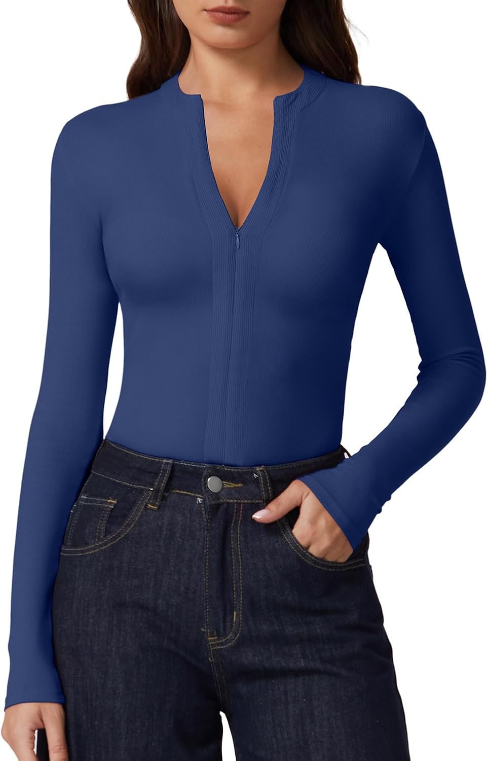 QINSEN Long Sleeve Shirts for Women V Neck Half Zipper Ribbed Knit Going Out Tops Full Length Basic Tee