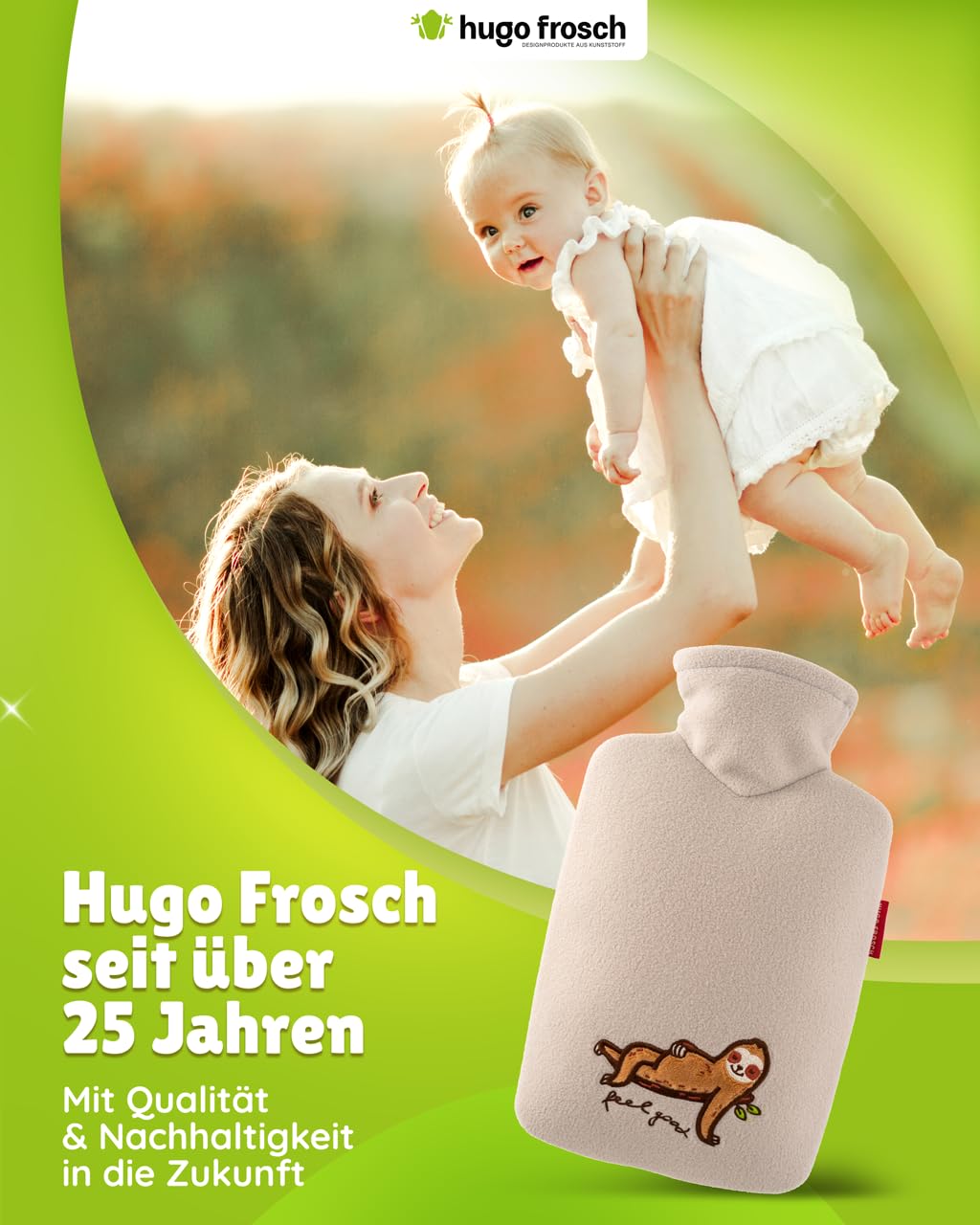 Hugo Frosch Bolsa de agua caliente clásica de 1,8 l – Fabricada en Alemania – con funda suave de forro polar "feel good" beige – botella grande a prueba de fugas y sin olor – con funda lavable