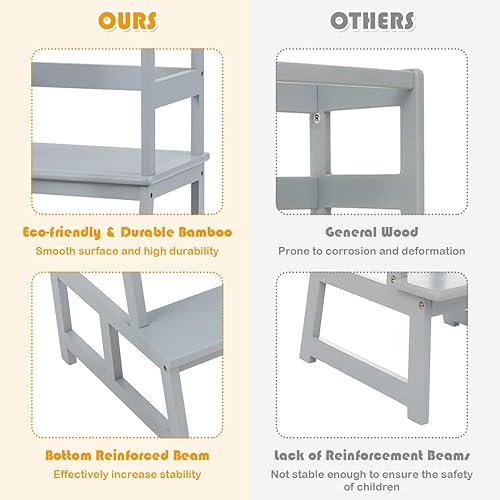 Miniatura 5 de Costzon Taburete de cocina para niños con riel de seguridad, taburete de cocina para niños pequeños con construcción de bambú macizo, soporte para