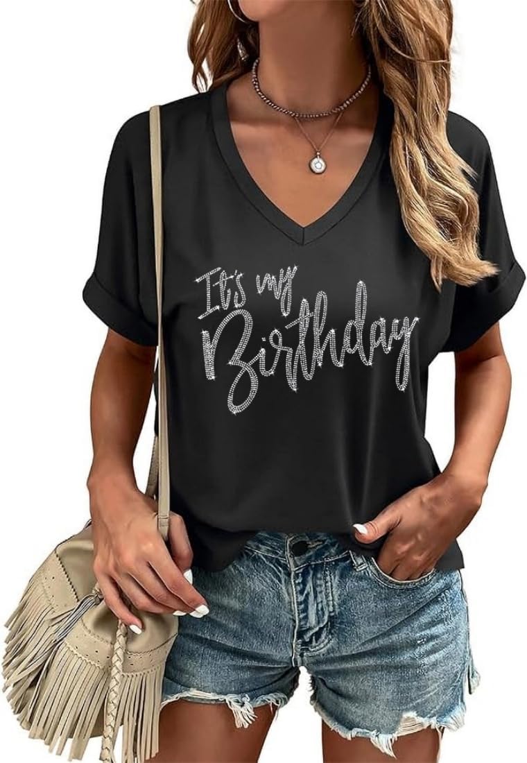 Happy Birthday V Neck Shirt for Women Funny Birthday Girl Graphic Tee Party Causal Letter Printed Tops