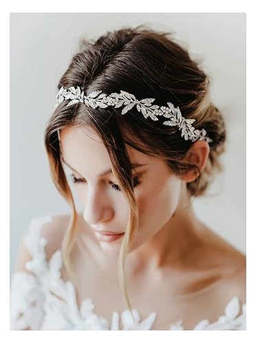 Miniatura 1 de SWEETV Tocado de boda de hoja para novia, diadema de novia plateada, tocado de flores para niña, hecho a mano, accesorios para el cabello de boda