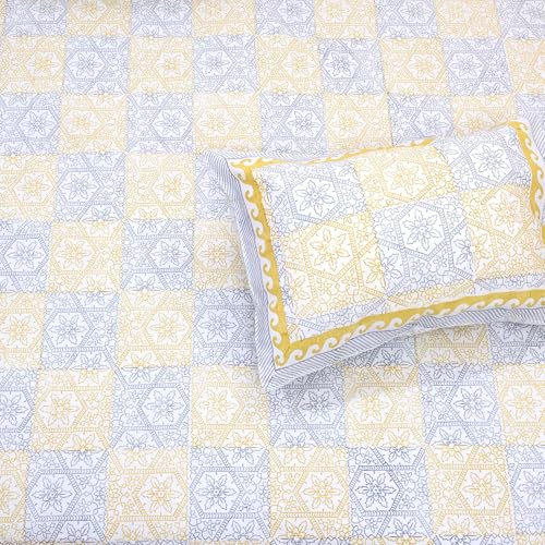 Image of TOAI Hand Block Printed Bedsheet | Bed Sheet Flatsheet | Pure Cotton | Double Bed King Size 108 inchx108 inch | 300 TC Bedsheets | Includes 2 Pillow Covers Jharokha (Yellow, Greyish Blue)