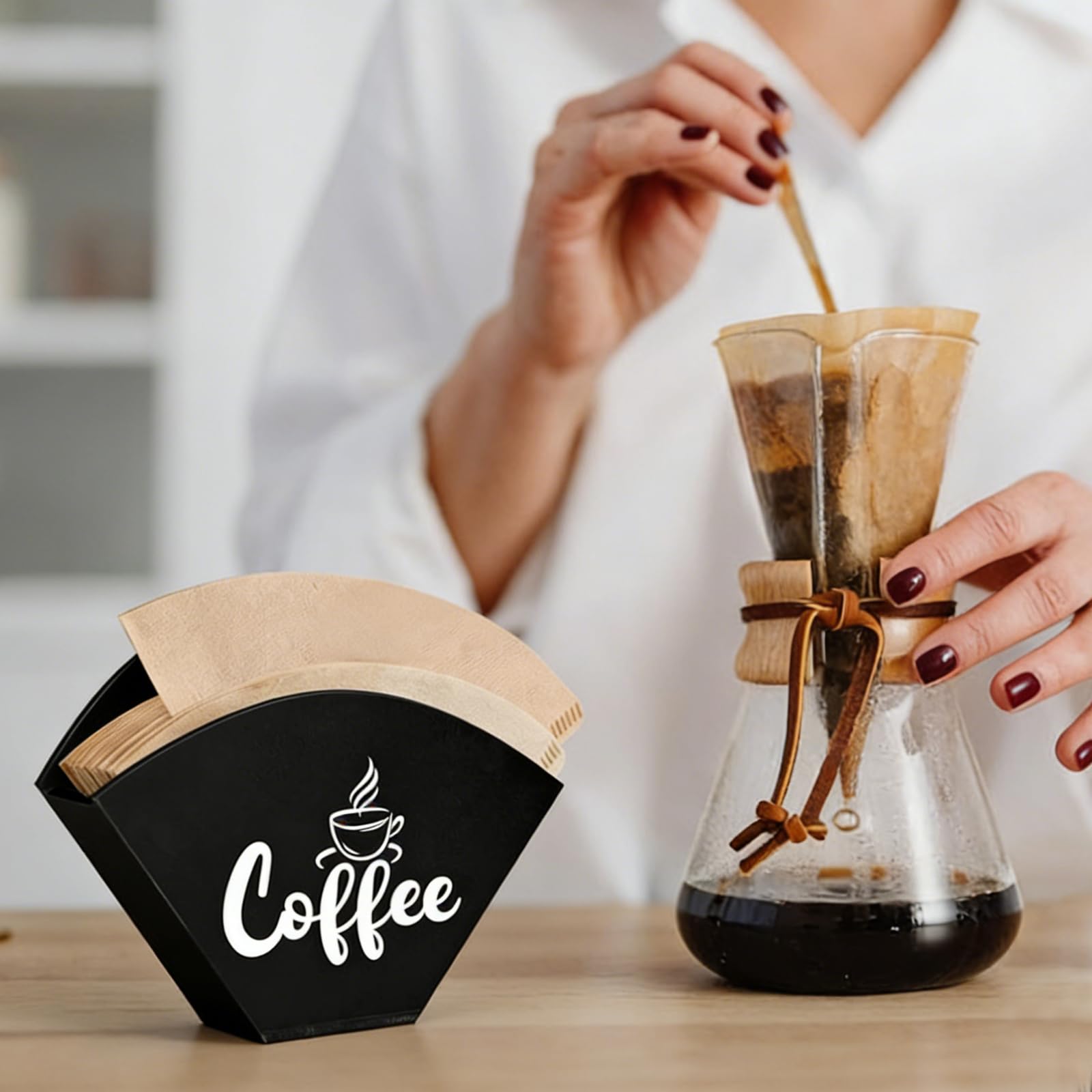 Kaffeefilterhalter Wand mit Haken Schwarzer Holz Filtertütenhalter für V60 Kaffeefilter Aufbewahrung, ohne Bohren Kaffeezubehör Küche 