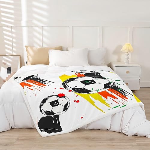 Miniatura 2 de Manfei Manta de fútbol deportivo de fútbol para niños y adolescentes, decoración de habitación, manta de trazos de pintura negra, roja y amarilla