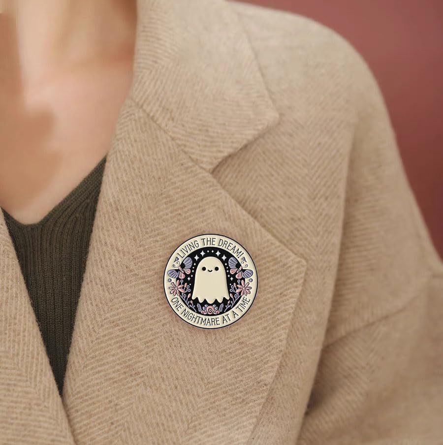 Cute Ghost Enamel Pin Butterfly Flower Round Brooch for Women Men Cartoon Novelty Living the Dream! One Nightmare at a Time Lapel Pins Badge Halloween Bag Jacket Backpack Hat Clothes Accessories image 3