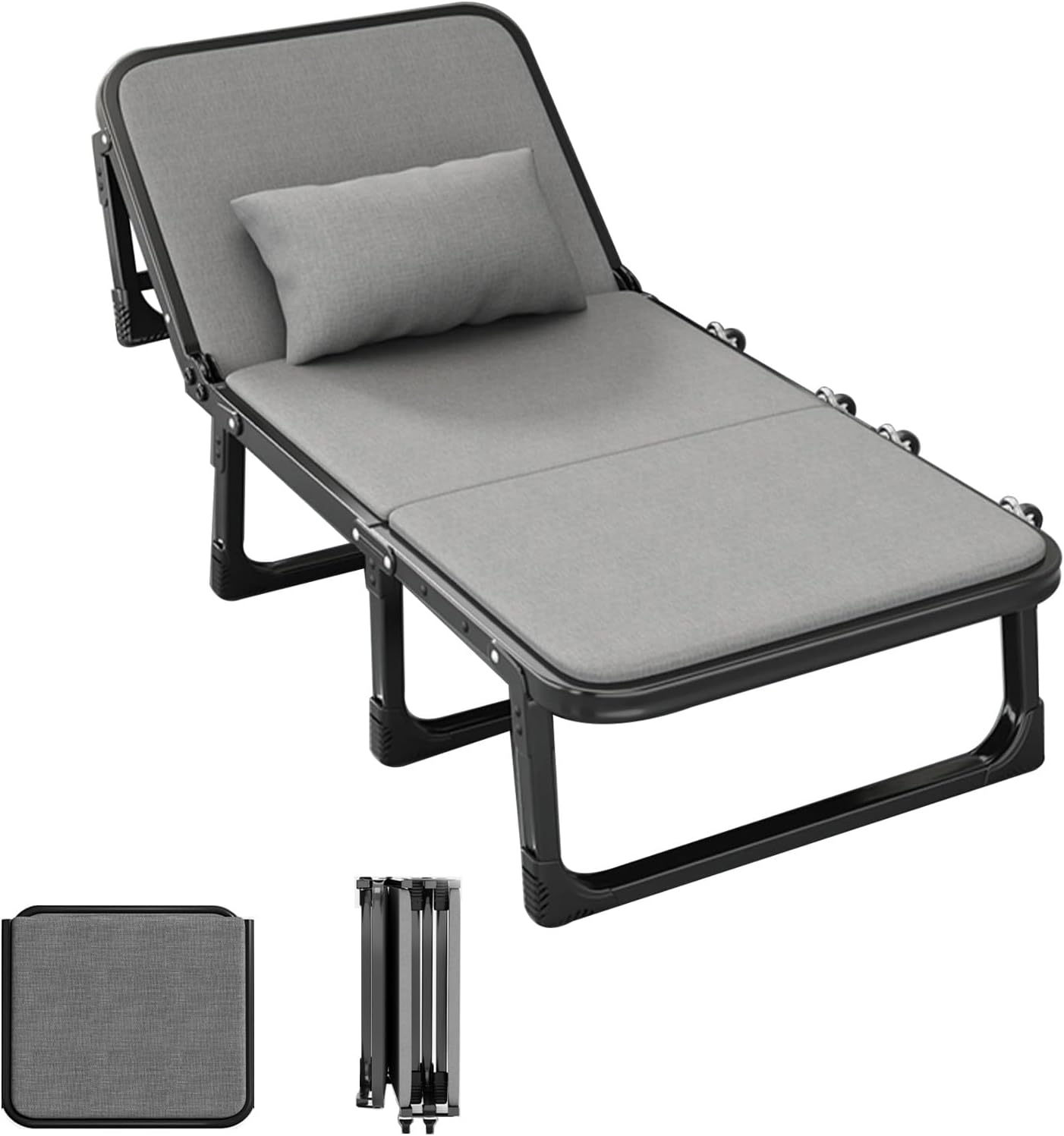 Camping Cot for Adults with Cushion, Portable Comfortable Folding Bed with Adjustable 6-Positions, Single Person Foldable Bed, Capable of Bearing Up to 200kg, Fold Up Bed for Beach, Travel & Office(Gr