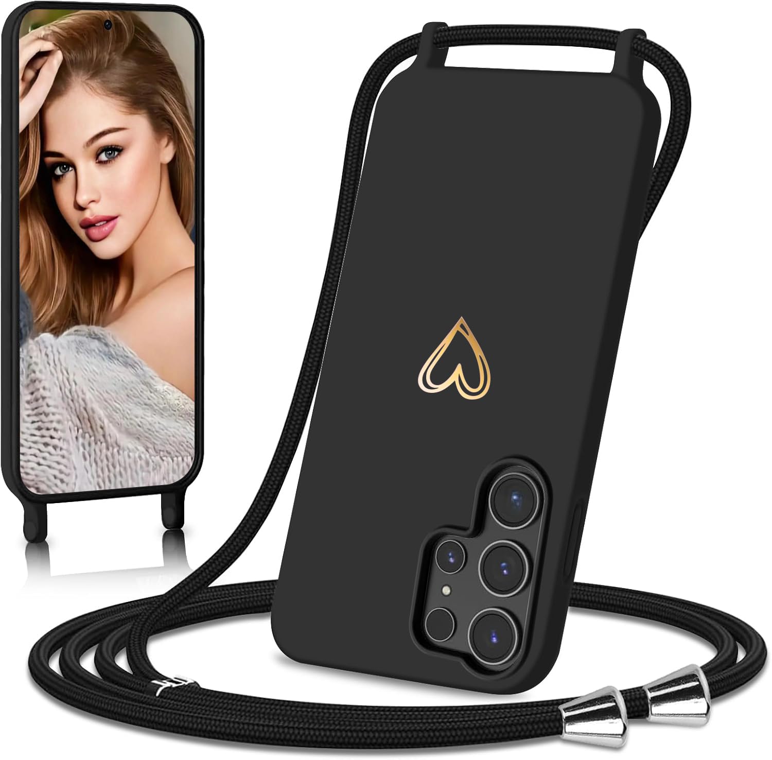 Pasek na telefon komórkowy Samsung Galaxy S24 Ultra, etui z paskiem, złote serce, cienkie, odporne na uderzenia etui ochronne, ze zdejmowanym sznurkiem do zawieszenia, płynne etui na telefon