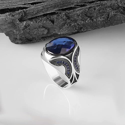 Miniatura 2 de 925 Sterling Silver Men Silver Ring with Sapphire GemStone, Handmade Engraved Silver Ring, Gift for him, Minimalist Silver Ring (10)